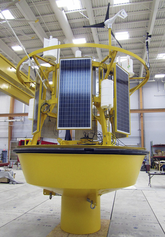 This data-collection buoy will be deployed in the Gulf of Maine in June. The buoy can track wind speeds overhead to determine the suitability of remote ocean.