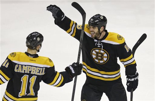 Boston Bruins center Gregory Campbell (11) is congratulated by teammate Nathan Horton, right, after his goal against the New York Rangers during the third period in Game 5 of the Eastern Conference semifinals in the NHL hockey Stanley Cup playoffs in Boston, Saturday, May 25, 2013. The Bruins won 3-1 and advance in the playoffs.
