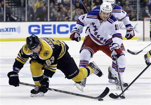 Boston Bruins left wing Brad Marchand gets to the puck ahead of New York Rangers right wing Derek Dorsett during Game 2 of the NHL Eastern Conference semifinal playoff series in Boston Sunday.