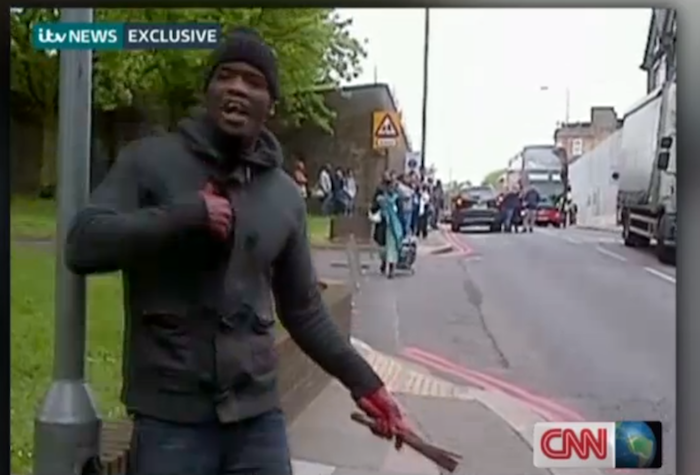 In a shocking video broadcast on CNN and British TV, one man gestured with bloodied hands shortly after the attack, waving a butcher knife and shouting political statements against the British government.