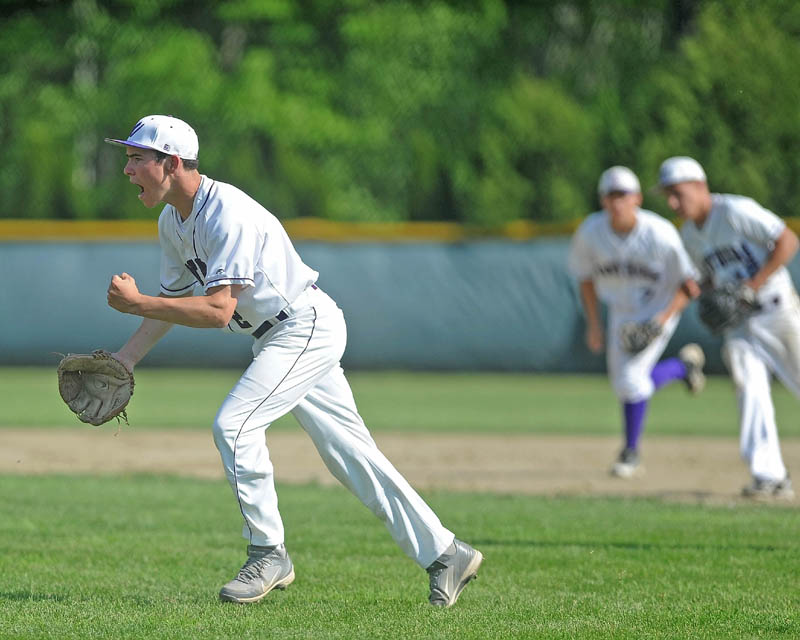 ALL RIGHT: Waterville’s Brian Bellows, celebrates after pitching out of a jam in the second inning of the Kennebec Valley Athletic Conference Class B championship game Friday in Winslow. Waterville defeated Winslow 10-0 in six innings.