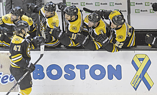 BRINGING IT: Boston Bruins defenseman Torey Krug (47) is congratulated by teammates after his goal against the New York Rangers during the second period in Game 5 of the Eastern Conference semifinals Saturday in Boston.