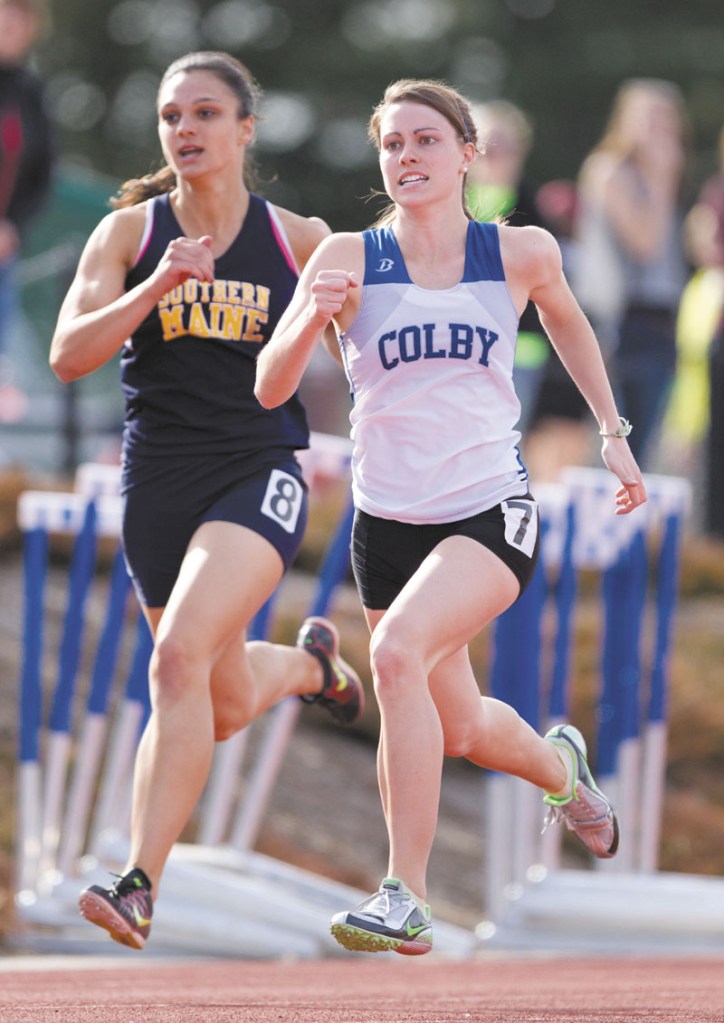 RUNNING FOR IT: Brittney Bell, right, was part of Colby’s second-place 1,600-meter relay team at the NCAA Division III championships on Saturday night in La Crosse, Wis.