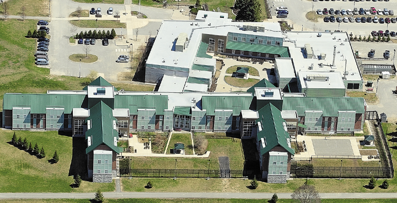 This aerial photo, taken on April 30, shows The Riverview Psychiatric Center on banks of Kennbec River in Augusta.