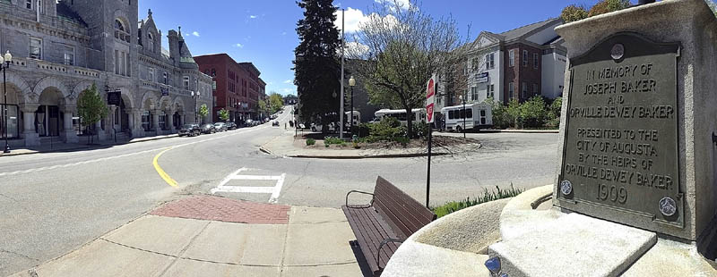 This photo taken on Friday shows Market Square in Augusta. The park and traffic island at the corner of Winthrop and Water Streets is a Kennebec Explorer bus stop.