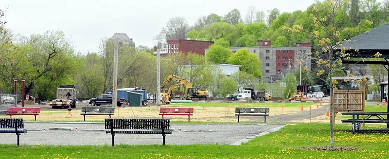 The petanque courts can be seen in the foreground as construction work at Mill Park is winding down on Thursday in Augusta.