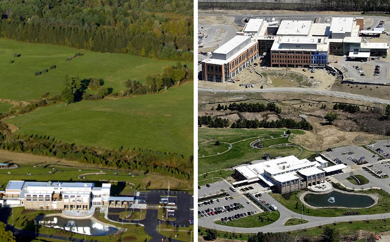 This September 2007 file photo, left, shows MaineGeneral Medical Center's Harold Alfond Center for Cancer Care in Augusta. The May 2013 photo, at right, show the new regional hospital that is nearing completion in the background.