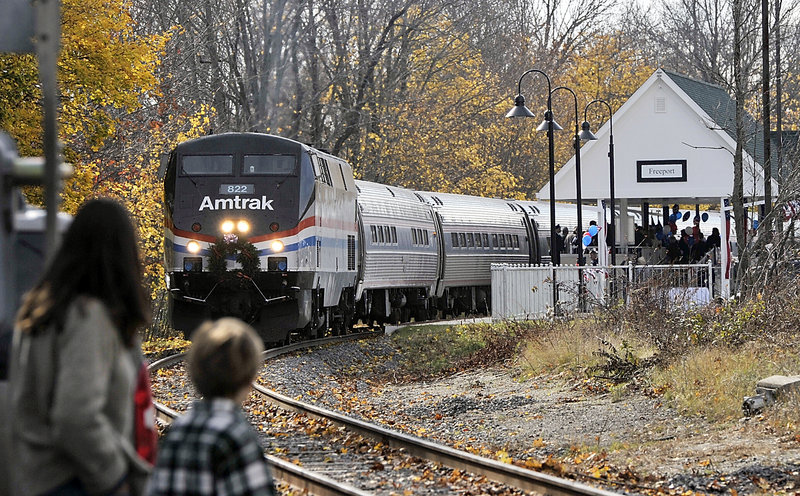The Downeaster awaits departure at Freeport Stationin November 2012. The train, which travels between Brunswick and Boston, has recorded increased ridership this year.