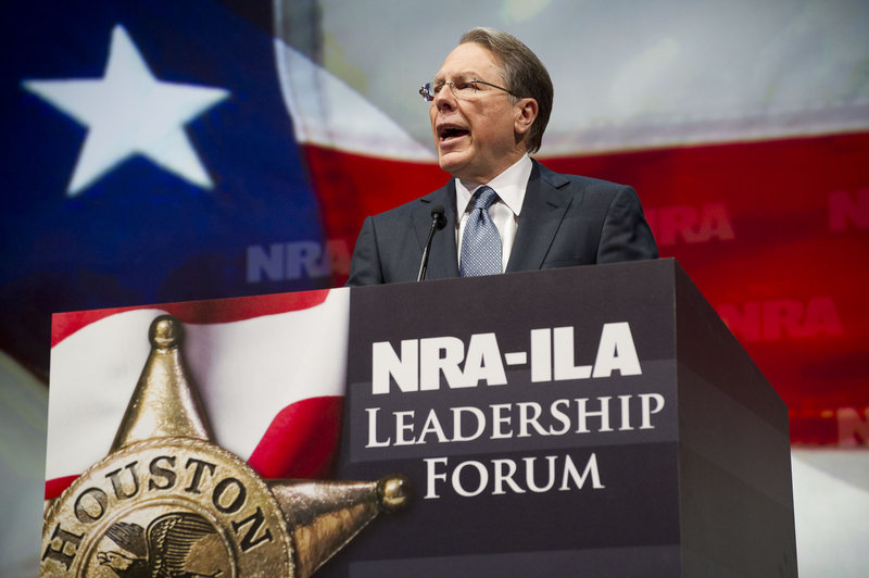 NRA Executive Vice President and Chief Executive Officer Wayne LaPierre speaks during the leadership forum at the National Rifle Association’s annual meeting Friday in Houston, where thousands have gathered.