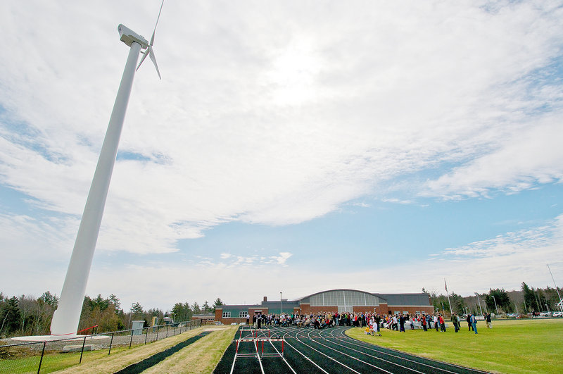 This 100-kilowatt wind turbine towers over the campus at Camden Hills Regional High School in Rockport. The Windplanners club raised $500,000 for the project.
