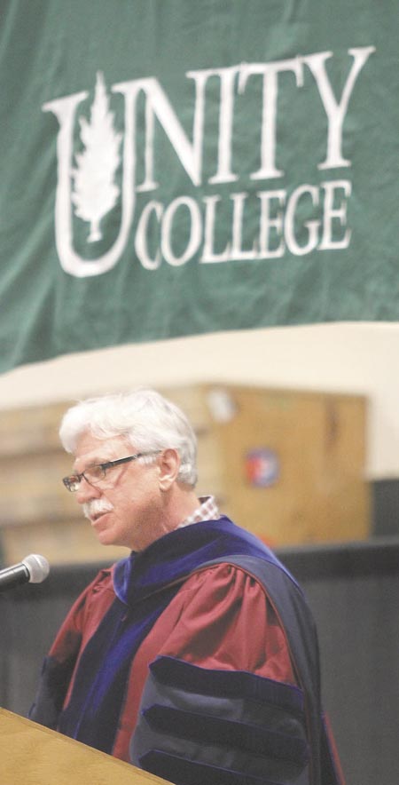 Unity College President Stephen Mulkey speaks at the college's 44th commencement exercises on Saturday in Unity.