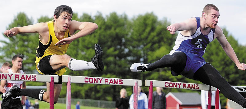 GUTTING IT OUT: Erskine Academy’s Zac Lee, right, has fought an Achilles tendon injury throughout the indoor and outdoor track and field season. He ran a personal best 15.46 seconds in the 110-meter hurdles at the Kennebec Valley Athletic Conference Class B championships on Monday.