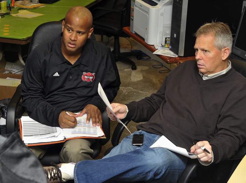 In this 2009 file photo, Danny Ainge, right, the president of basketball operations for the Boston Celtics, listens with Randy Livingston, then-assistant coach with the Maine Red Claws during the D-League draft. Ainge's search to replace departing Celtics coach Doc Rivers began Tuesday, June 25, 2013.