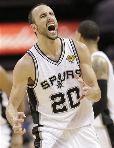 San Antonio Spurs' Manu Ginobili (20), of Argentina, reacts against the Miami Heat during the second half at Game 5 of the NBA Finals basketball series, Sunday, June 16, 2013, in San Antonio. (AP Photo/Eric Gay)
