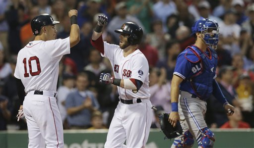 Boston Red Sox' Dustin Pedroia, right, is congratulated by teammate Jose Iglesias (10) after his two-run home run off Toronto Blue Jays starting pitcher Chien-Ming Wang in the second inning of a baseball game at Fenway Park, Thursday, June 27, 2013, in Boston. At right is Toronto Blue Jays catcher J.P. Arencibia (9). (AP Photo/Charles Krupa)