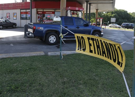 A sign advertises no ethanol gasoline available at a station in Oklahoma City last week. A blend of ethanol gasoline, E15, which contains 5 percent more ethanol than the 10 percent norm sold at most U.S. gas stations, is currently sold in just 20 stations in six Midwestern states.