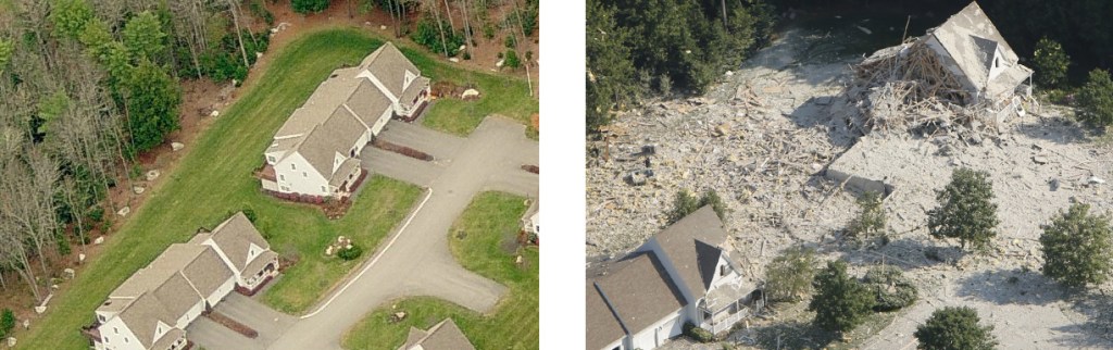 50-52 Gables Drive, pictured in aerial imagery from Bing Maps in 2006 (left), and after Tuesday morning's explosion (right).