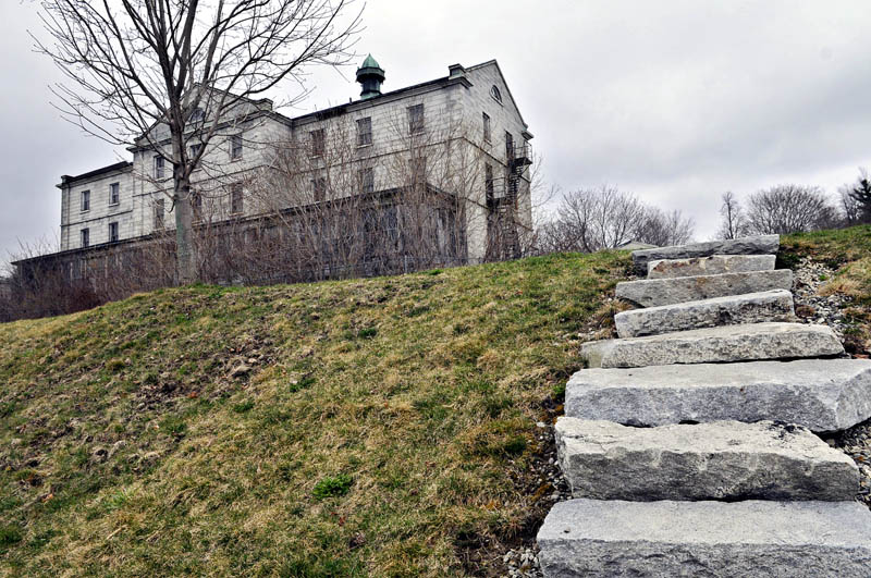 A set of granite steps leading from the Kennebec River to one of the buildings at the Kennebec Arsenal, as seen on April 23.
