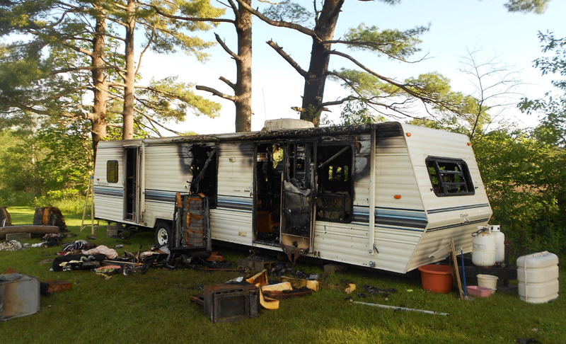 Fire severely damaged this recreational vehicle camped on family property on Cony Road Wednesday night. Fire Chief Roger Audette reports no injuries.