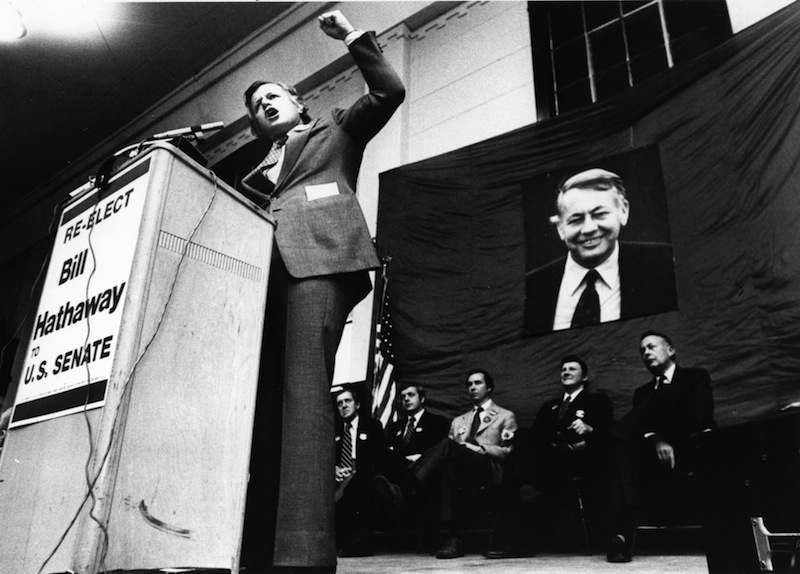Sen. Ted Kennedy campaigns on Nov. 4, 1978, for Maine U.S. Sen. Bill Hathaway, whose picture hangs in the background. Former U.S. Senator William “Bill” Hathaway of Maine has died at 89.
