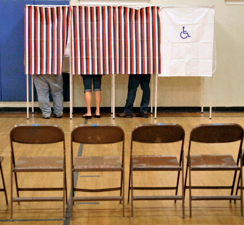 Bingham voters cast ballots on the proposed school budget increase at Quimby Middle School in Bingham on Tuesday.