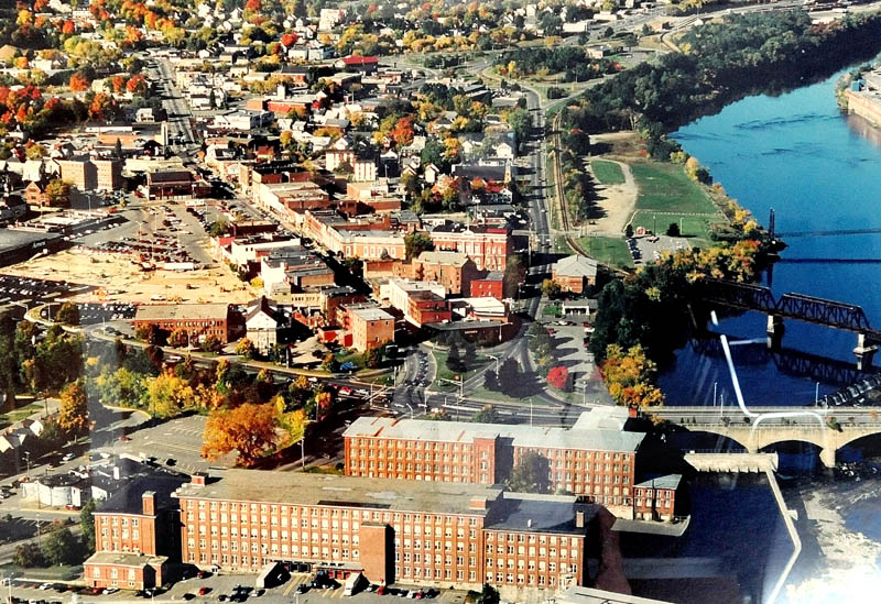 An aerial view of the Hathaway intersection in downtown Waterville, with the Hathaway Creative Center in the foreground.