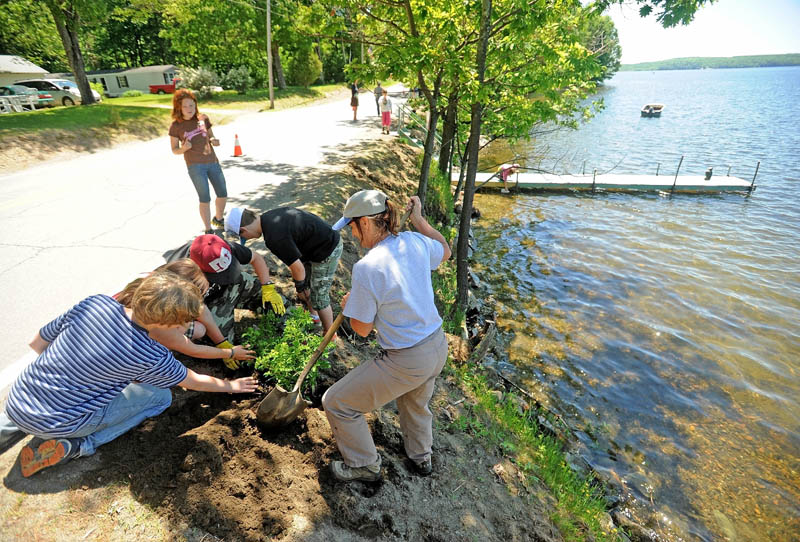 Jodie Mosher-Towle, right, helps students from the Cornville charter school plant a bush on the banks of North Pond on Wednesday.