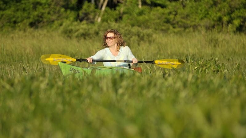 Christine Keller paddles through a section of the Serpentine waterway, a three-mile waterway that cuts across a peat bog as it connects East Pond and North Pond, on Thursday.