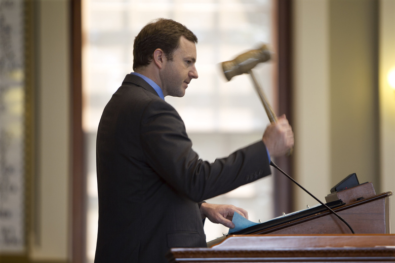 Speaker of the House Mark Eves, D-North Berwick, swings the gavel during a session Thursday at the State House in Augusta.