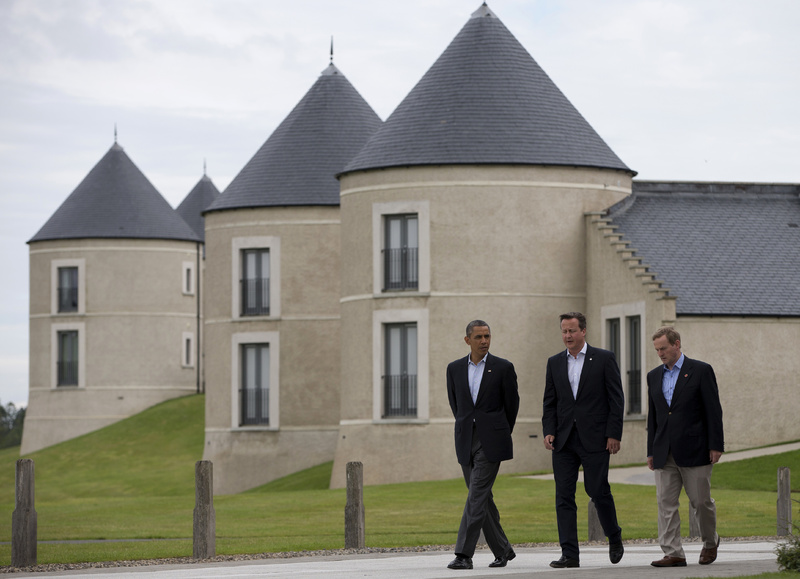 President Barack Obama walks with British Prime Minister David Cameron, center, and Irish Prime Minister Enda Kenny at the site of the G-8 summit in Enniskillen, Northern Ireland, on Tuesday.