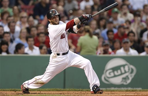 Boston Red Sox's Dustin Pedroia follows through on an RBI double during the second inning of a baseball game against the Colorado Rockies at Fenway Park in Boston Tuesday, June 25, 2013. (AP Photo/Winslow Townson)