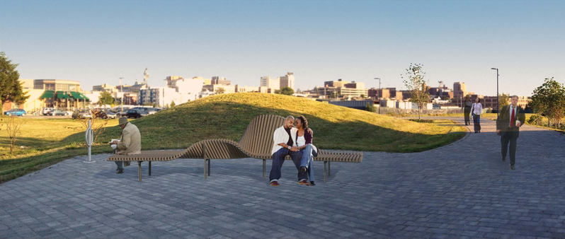 The illustration by Skye Design Studio Ltd. shows its proposal for a bench alongside the Bayside Trail in Portland.
