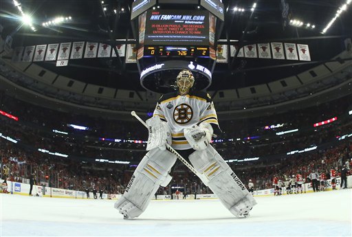 Boston Bruins goalie Tuukka Rask skates back to the crease after a goal by the Chicago Blackhawks in the second period of Game 5 of the Stanley Cup Finals on Saturday in Chicago. The Blackhawks won 3-1.