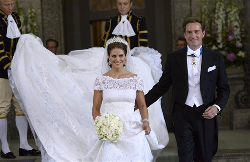 Sweden's Princess Madeleine and Christopher O'Neill leave the Royal Chapel after their wedding ceremony in Stockholm, Saturday.
