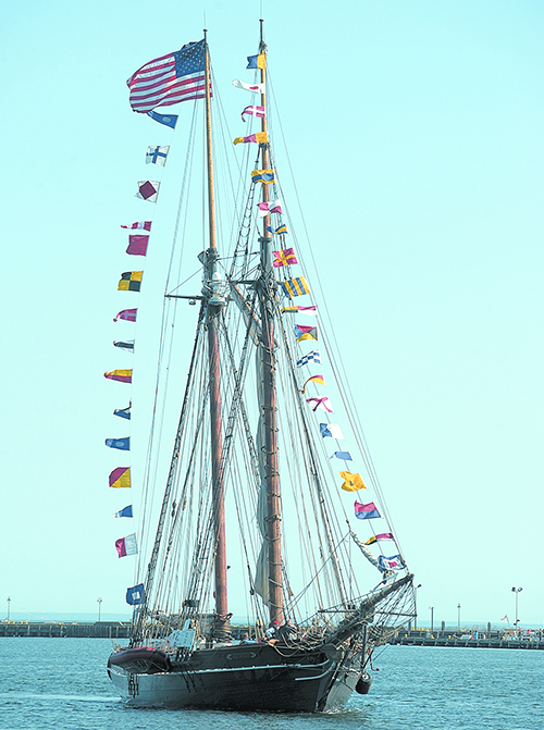 The Amistad makes its way up the Thames River to New London, Conn., in this May 20, 2010, photo. The ship is currently undergoing repairs on the Portland waterfront.
