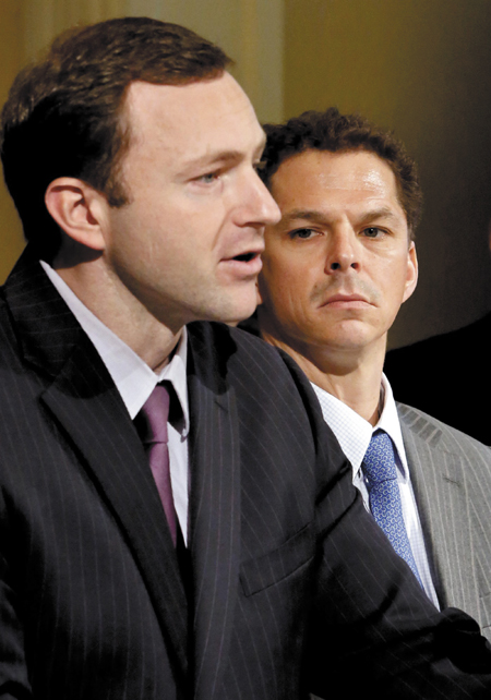 At a news conference, House Speaker Mark Eves, D-North Berwick, left, and Senate President Justin Alfond, D-Portland, address the media on the state's budget and delaying a massive tax cut in the Maine State House in Augusta on Wednesday.