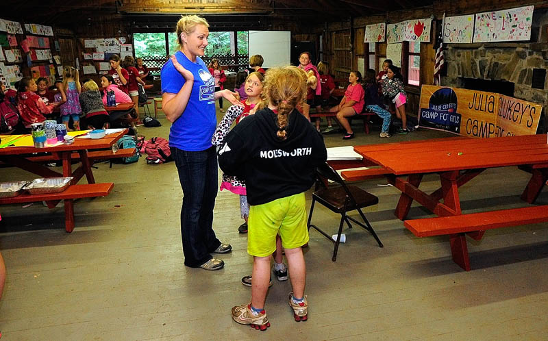 POSITIVE ROLE MODEL: Julia Clukey, center, chats with campers Thursday at Julia Clukey’s Camp for Girls at Camp KV in Readfield. An Olympic luger, Clukey hopes to deliver a positive message and encourage confidence in the campers.