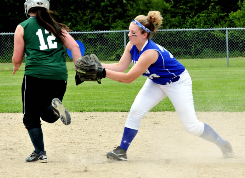 MAKE THE PLAY: Madison’s Sierra LeBlanc makes takes out Winthrop’s Kennedy Connor at second base during the Bulldog’s 14-2 win in a Western Maine Class C semifinal game Monday in Madison.