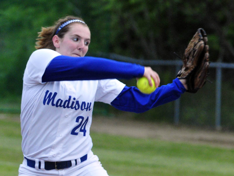 Staff photo by Joe Phelan MAKING AN IMPACT: Madison pitcher Emily McKenney has been a force both at the plate and in the circle to help the Bulldogs reach the Class C state championship game for the first time since 1998. The Bulldogs face Bucksport at noon Saturday in Brewer.