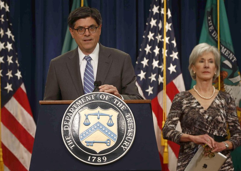 Treasury Secretary Jacob Lew and Health and Human Services Secretary Kathleen Sebelius speak about Social Security and Medicare on Friday in Washington.