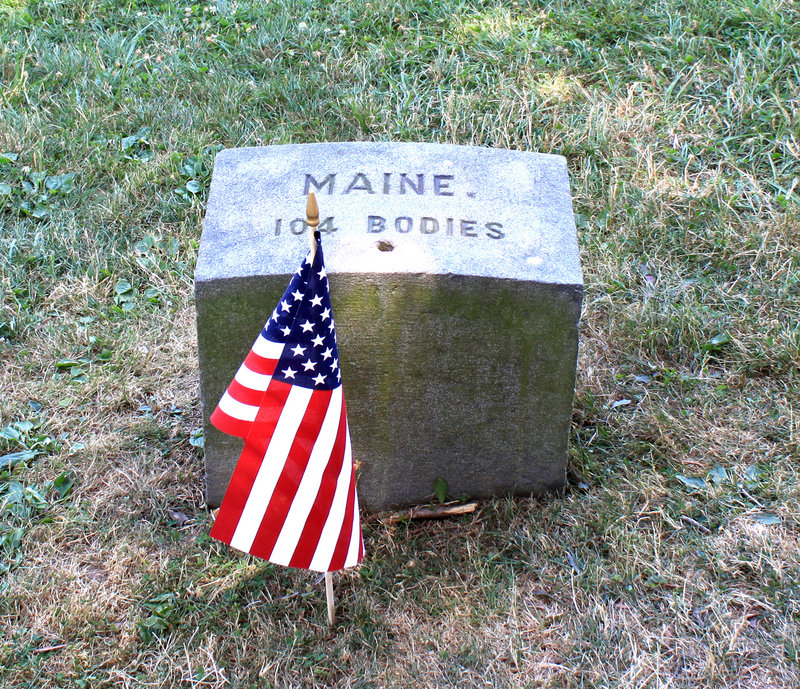 A monument marks the burial place for 104 Mainers at Soldiers’ National Cemetery in Gettysburg, Pa. Ninety-six more casualties from Maine are buried elsewhere at the site.