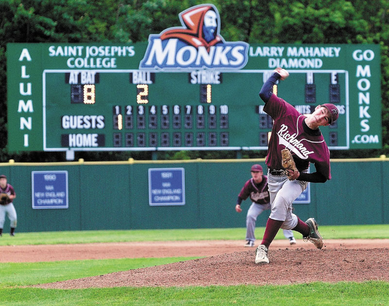 Richmond's Mike Stewart throws a pitch in first inning against Buckfield in the Western Maine Class D baseball championship Thursday at Larry Mahaney Diamond at St. Joseph's College in Standish.