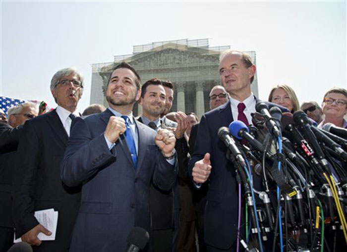 Plaintiffs in Hollingsworth v. Perry, the California Proposition 8 case, react to the 5-4 decision of the Supreme Court on Wednesday outside the court in Washington. From left are, attorney Ted Boutrous, Jeff Zarrillo, and his partner Paul Katami, David Boies, and Sandy Stier and her partner Kris Perry.