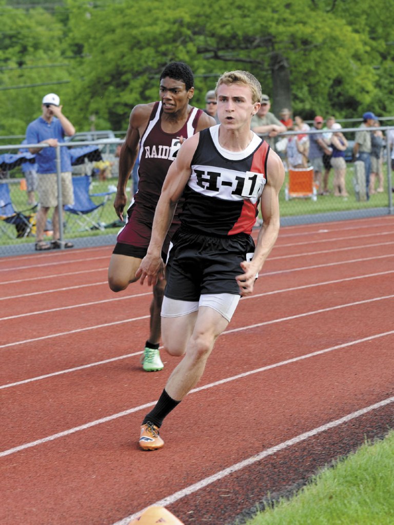 GREAT DAY: Hall-Dale High School’s Tyler Fitzgerald won the 100- and 200-meter dashes and also came in second place in the long jump.