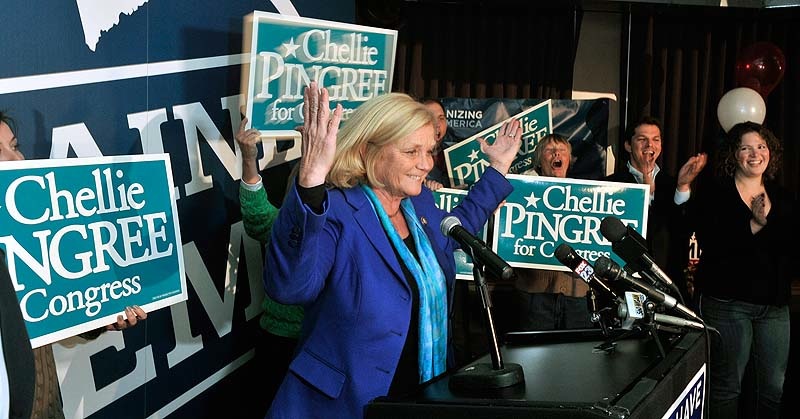 In this November 2012 staff file photo, U.S Rep. Chellie Pingree, D-Maine, celebrates her victory at the Bayside Bowl in Portland. Maine's 1st District congresswoman went from giving to fellow politicians about $180 a year to about $67,000 a year.