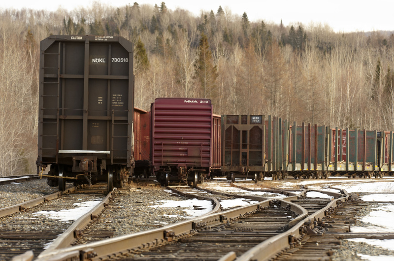 Rail cars sit on the Montreal, Maine & Atlantic Railway junction in Oakfield, Maine.