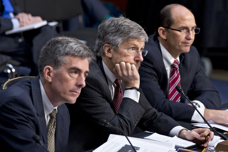 From left, National Security Agency Deputy Director John C. Inglis, Robert Litt, general counsel in the Office of Director of National Intelligence, and Sean Joyce, deputy director of the FBI, testify on Capitol Hill in Washington on Wednesday as the Senate Intelligence Committee questioned top Obama administration officials about the National Security Agency's surveillance programs.