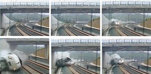 This combination image taken from security camera video shows clockwise from top left the train derailing in Santiago de Compostela, Spain, on Wednesday.
