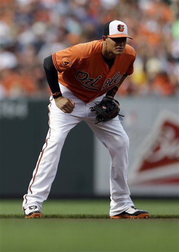 Baltimore Orioles third baseman Manny Machado stands in the infield during a baseball game against the Toronto Blue Jays, Saturday, July 13, 2013, in Baltimore.