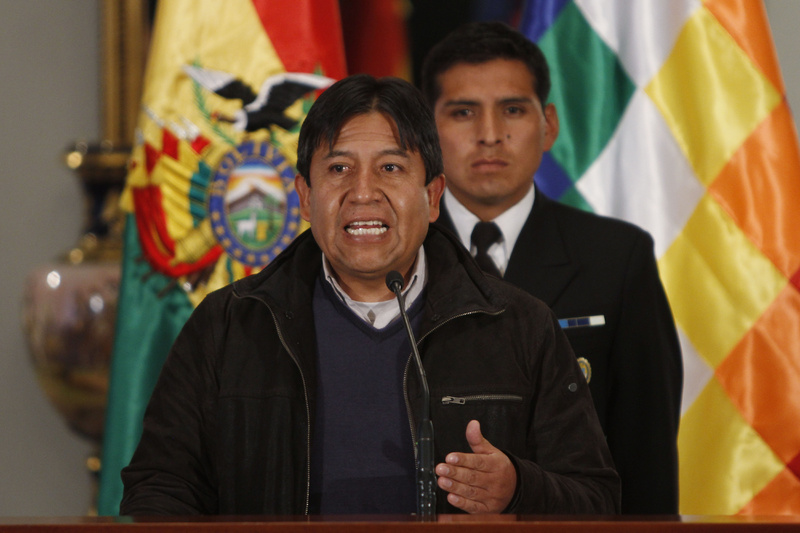 Bolivia's Foreign Minister David Choquehuanca speaks during a news conference in La Paz, Bolivia, on Tuesday. He said the plane bringing President Evo Morales home from Russia was rerouted to Austria after France and Portugal refused to let it to cross their airspace because of suspicions that NSA leaker Edward Snowden was on board.